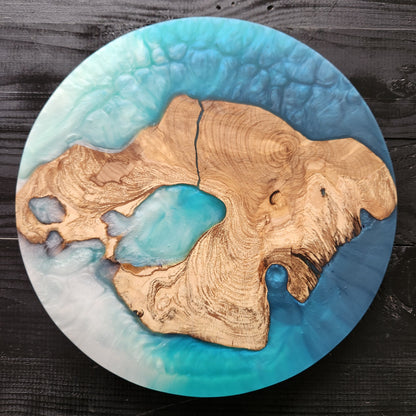 Coastal Halo – Handmade Olive Wood & Epoxy Resin Round Serving Board